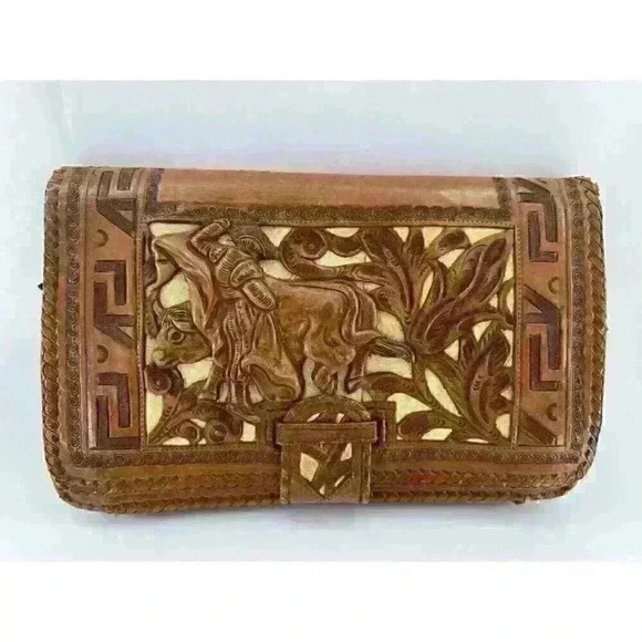Vintage Davalos Mexico Hand Tooled Leather Handbag Carved Leather Matador & Bull - Picture 1 of 16